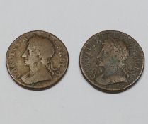 A collection of copper coins and brass tokens comprised of two Charles II 1672 and 1675 copper