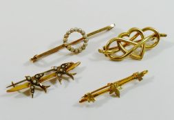 A small 9 carat gold seed pearl set bird bar brooch, Chester 1914, 3.