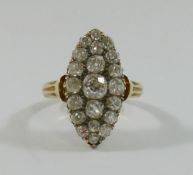 A Victorian diamond marquise cluster ring, the centre old cut stone approximately 0.