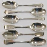 Six assorted George III and later silver dessert spoons,