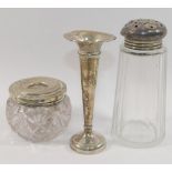 A collection of assorted silver items comprised of a small trumpet-shaped vase and an inkwell (each