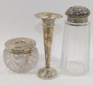 A collection of assorted silver items comprised of a small trumpet-shaped vase and an inkwell (each