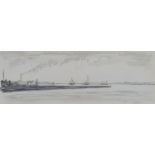 Sir David Muirhead Bone (1876-1953), estuary scene with boats, monochrome watercolour,