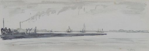 Sir David Muirhead Bone (1876-1953), estuary scene with boats, monochrome watercolour,