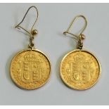 Two Victoria half sovereigns, 1892, in removable yellow metal earring mounts, stamped '9C',