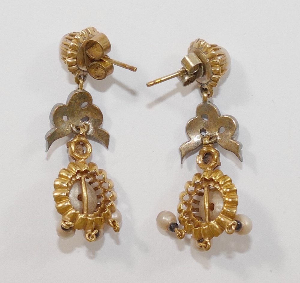 A pair of 19th century gold diamond and half pearl drop earrings, - Image 2 of 4