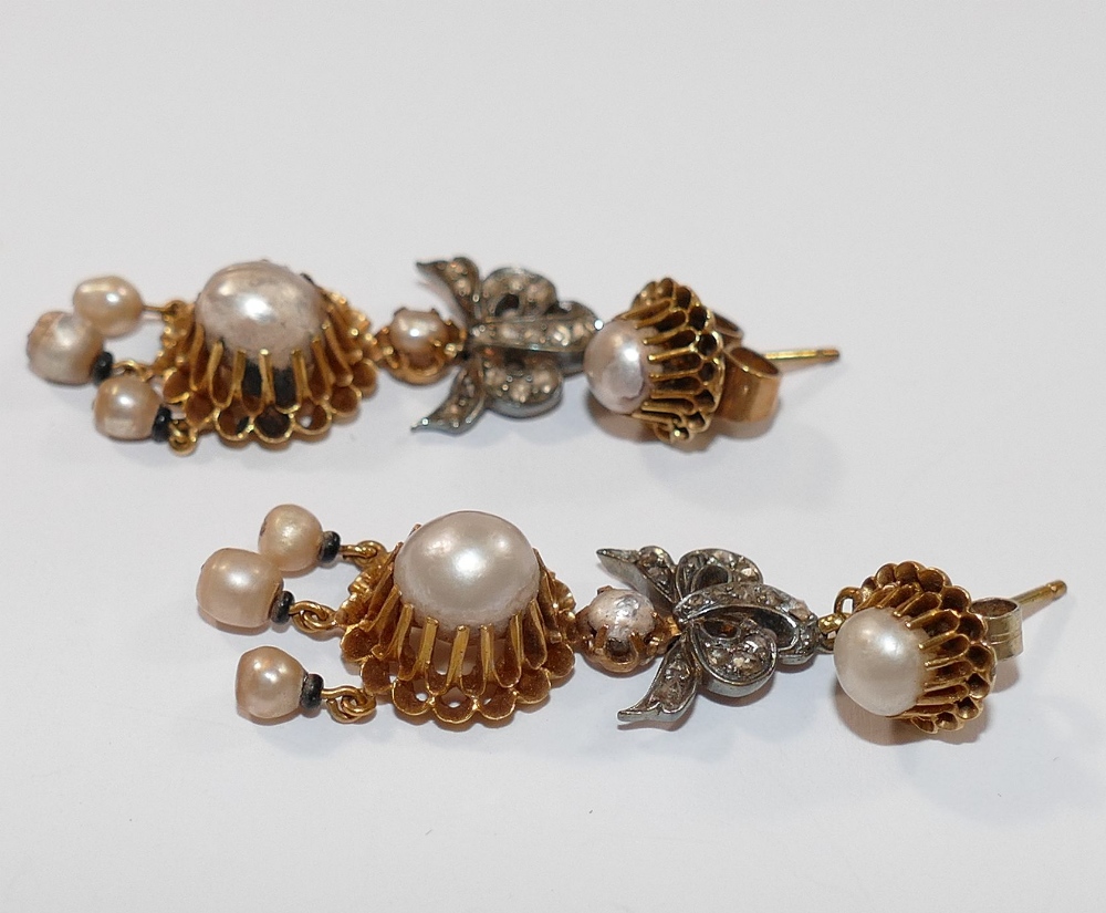 A pair of 19th century gold diamond and half pearl drop earrings, - Image 3 of 4