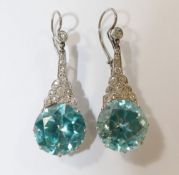 A pair of Art Deco blue zircon and diamond drop earrings,