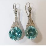 A pair of Art Deco blue zircon and diamond drop earrings,