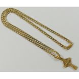 A 9 carat gold Celtic cross pendant and a filed curb link chain, 46cm long,