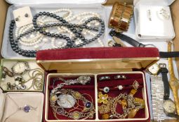 A quantity of 20th century costume jewellery and ladies wrist watches including gold plated gem set