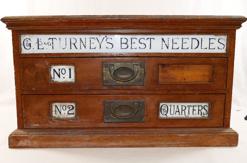 A late Victorian set of counter top 'G L Turney's Best Needles' drawers,