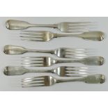 A set of four George IV silver fiddle pattern dinner forks, London 1824 by Walter Brind,