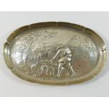 A Victorian oval silver tray embossed with a shepherd and sheep,