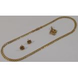A 9 carat gold square pendant and earrings suite, and a filed curb link chain, 40.