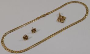 A 9 carat gold square pendant and earrings suite, and a filed curb link chain, 40.