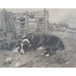 After John Sargent Noble (1848-1896), Sheep dog with sheep behind hurdle, monochrome print,