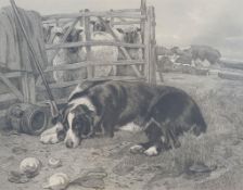 After John Sargent Noble (1848-1896), Sheep dog with sheep behind hurdle, monochrome print,