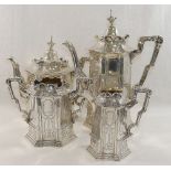 A Victorian silver four piece tea service, of hexagonal form, with stepped feet and scroll rims,