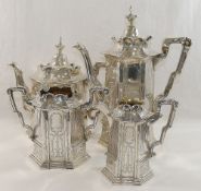 A Victorian silver four piece tea service, of hexagonal form, with stepped feet and scroll rims,