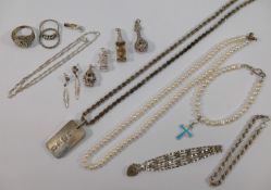 A quantity of silver and costume jewellery including a cultured pearl necklace and bracelet,