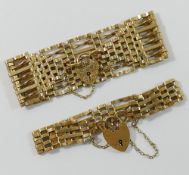 A 9 carat gold gate link bracelet, 2.6cm wide, and another 1.