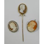 A 19th century carved shell cameo mounted gold stick pin, depicting the profile of a classical man,