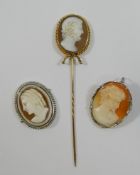 A 19th century carved shell cameo mounted gold stick pin, depicting the profile of a classical man,