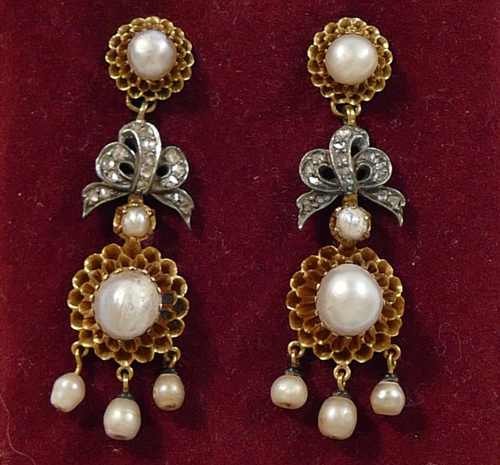 A pair of 19th century gold diamond and half pearl drop earrings, - Image 4 of 4