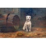 19th century British, a wire haired terrier seated beside a barrel filled with straw, unsigned,
