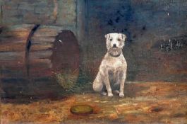 19th century British, a wire haired terrier seated beside a barrel filled with straw, unsigned,