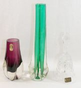 A Whitefriars green cased three-sided glass vase, by Geoffrey Baxter, 13.