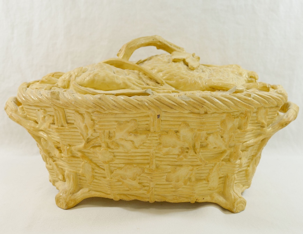 A 19th century Minton caneware tureen modelled in the form of a two-handed oval basket containing - Image 4 of 4