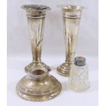 A pair of small silver trumpet-shaped vases with loaded bases, 13.