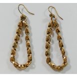 A pair of yellow metal drop earrings, converted from a chain, unmarked, with hook backs, 4.