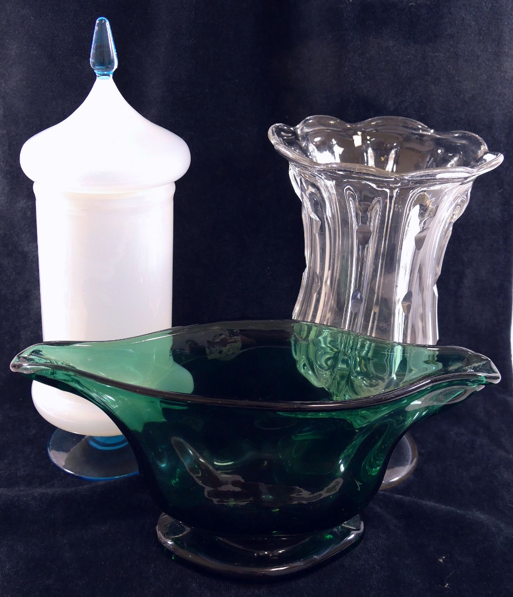 A Victorian hand blown green glass pedes