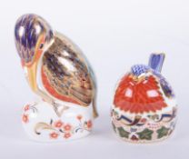Two Crown Derby paperweights including 'Robin Nesting' with gold button and 'King Fisher' with