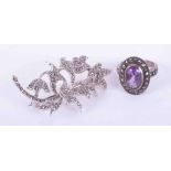 Silver marcasite brooch together with silver amethyst marcasite ring (2).