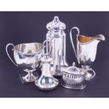 A George V silver bell shaped sugar caster, height 17cm, together with a silver and pierced