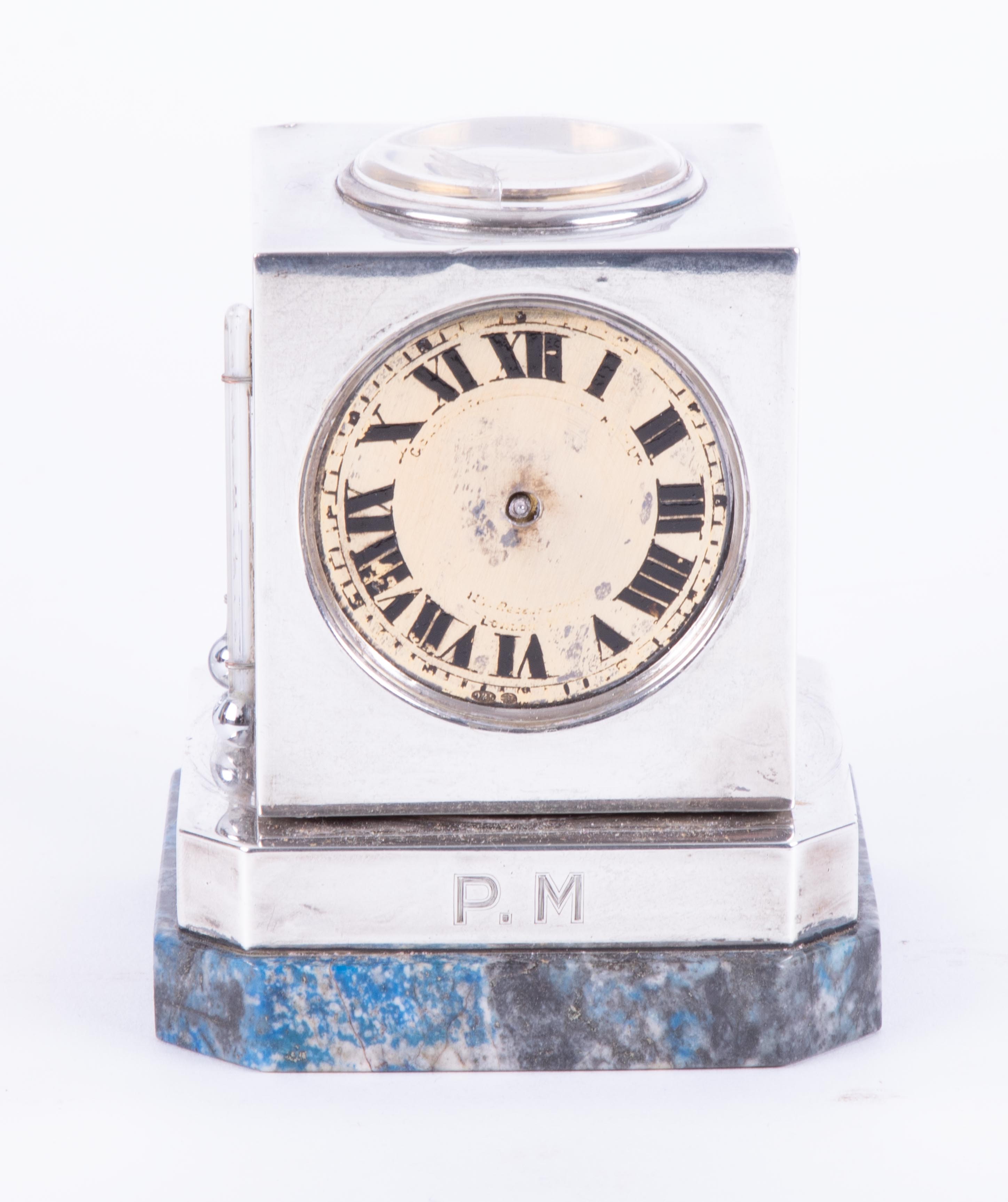 Goldsmiths & Silversmiths, a silver square combination desk clock weather station, set with an - Image 2 of 12