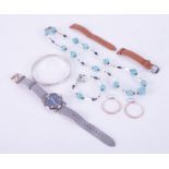 A mixed bag containing a silver bangle, 36.84gm, a glass bead necklace and matching