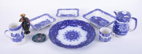 A small collection of various blue & white dishes including Ridgeway Arabian 19th Century blue plate