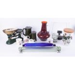 A mixed collection including kitchen scales, art glass vase, Victorian rolling pins, and reading