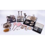 A collection of assorted silver plated wares including silver and enamelled back dressing table