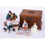 An oak tobacco box together with Halcyon Days enamel box, Doulton figure 'The Old Balloon Seller',