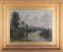Cath Standley, oil on canvas, River & Church scene, 30cm x 38cm, in original gilt mount and frame.