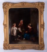 Irish School?, oil on canvas, unsigned, interior scene, three figures and a dog seated in a cottage,