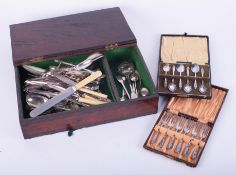 A wooden box containing, silver plated flatware, etc and two smaller boxes with EPNS