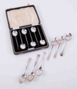 A set of six silver coffee spoons in presentation box together with six other loose silver tea