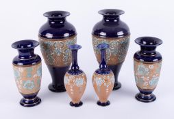 Three pairs of Doulton Slater stoneware vases, the tallest 29cm (6).